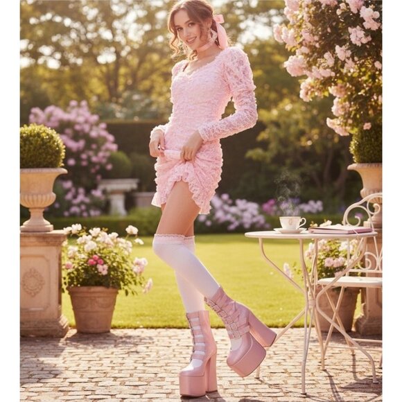 Mini Dress – Sugar Thrillz Renaissance Romance Lace Puff Sleeve Bow Frilly Trim - Picture 2 of 4